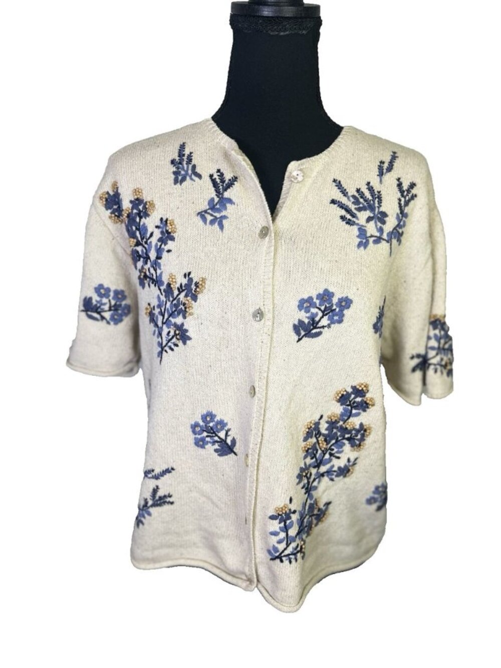 Vintage Silk Portraits by Northern Isles Hand Knitted Short Sleeve Cardigan Sz L